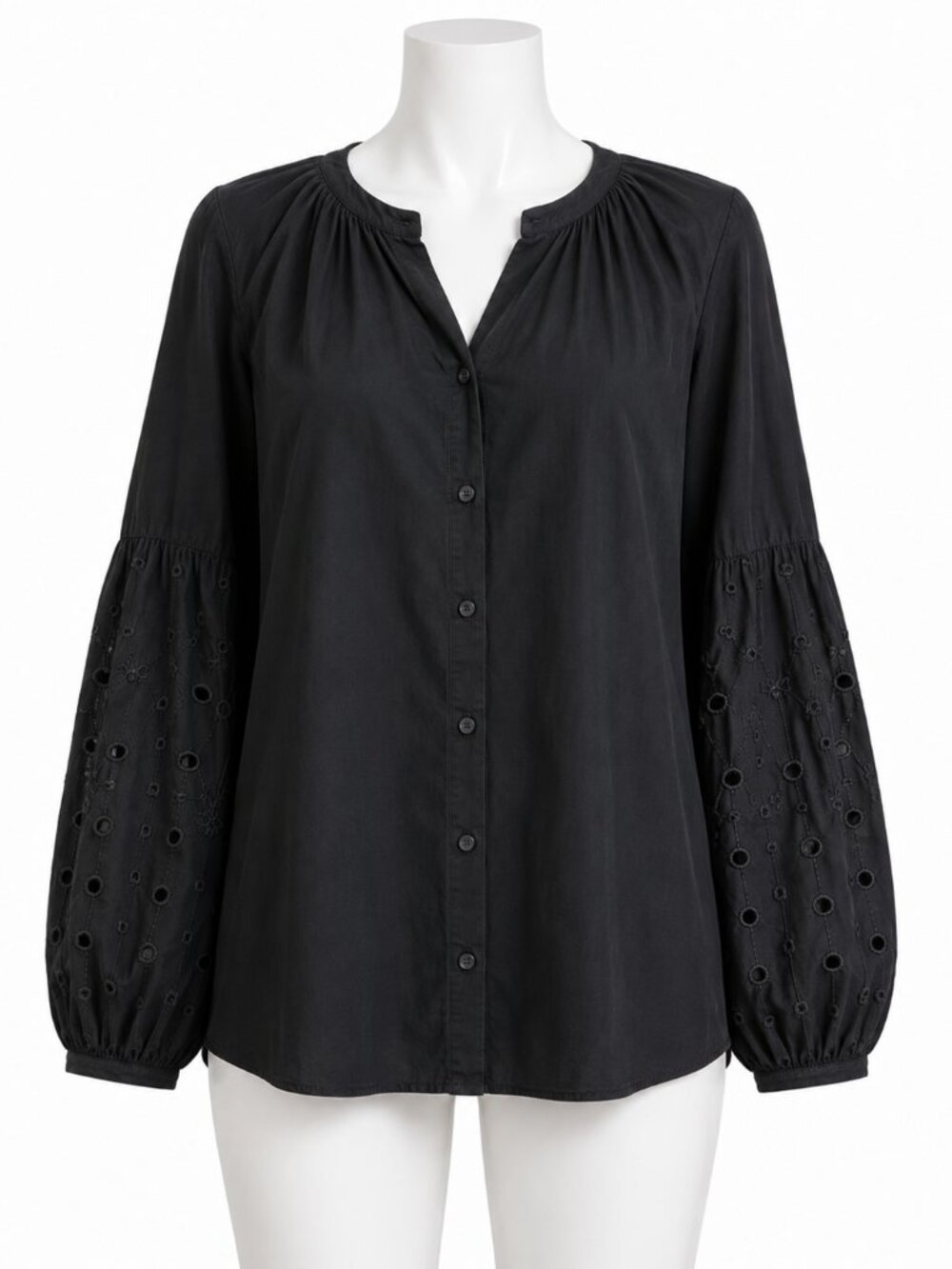 Old Navy Black Button-Up Blouse w/ Lace Sleeves Size M - Picture 2 of 8